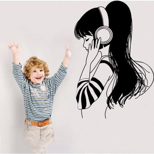 Modern DJ Girl Music Headphone Wall Sticker Kids Room Playroom Beauty Girl Enjoy Listener Earphone Wall Decal Bedroom Vinyl Deco