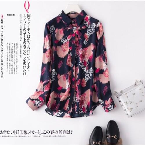 2019 Spring Floral Printed Crepe de Chine Silk Shirt Female Silk Temperament Comfortable Fashion All-Match Leisure Shirt