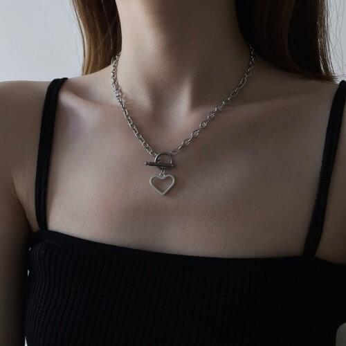 VSnow Simple Love Heart Chunky Chain Hollow Pendant Necklace for Women Textured Toggle Clasp Stainless Steel Necklace Jewelry