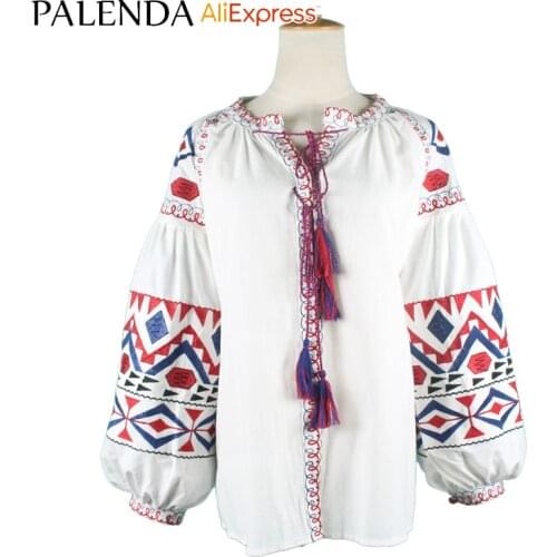 New arrive autumn shirt top blouses women leisure bohemian embroidery vyshyvanka lantern sleeve wide fit loose size