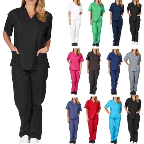 Women Men Workwear Short Sleeve V-neck Tops+pants Nursing Working Uniform Beauty Salon Suit Scrub Uniform Overalls Clothe