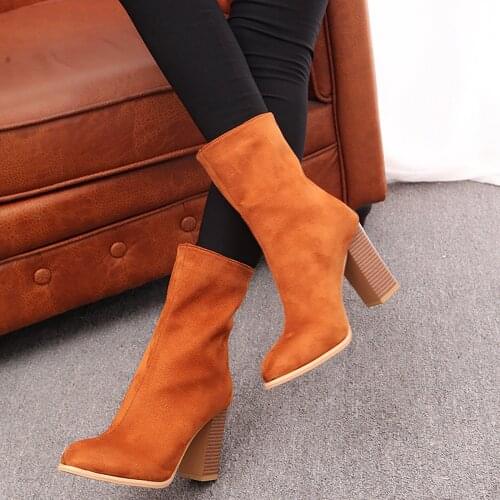 Women Buckle Ladies Faux Warm Boots Ankle Boots High Heels Shoes Womens Boots Autumn Winter Warm Plush Boots Sapatos Femininos