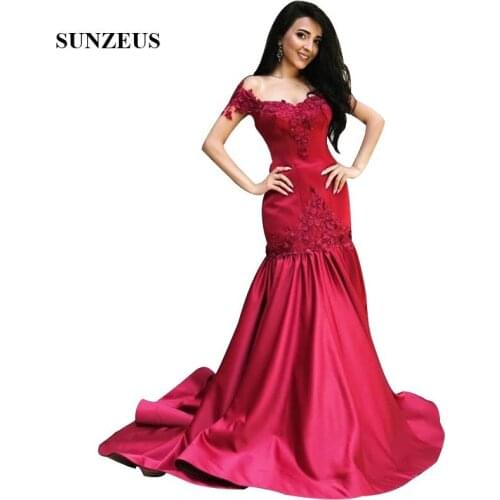 Wine Red Satin Mermaid Evening Dresses 2019 Appliques Women Formal Long Dress With Flowers Off Shoulder Party Gowns