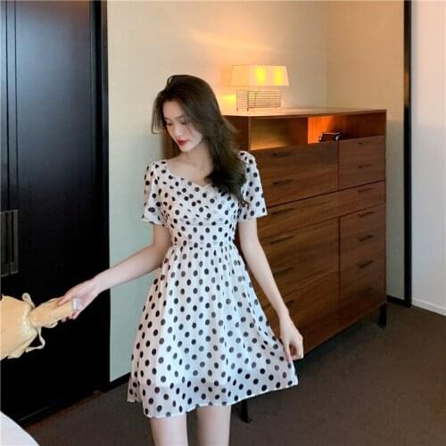 2021 Fashion Polka Dot Print Dress Women High Waist Sashes A Line Summer Dress Short Sleeve Bohemian Midi Dresses