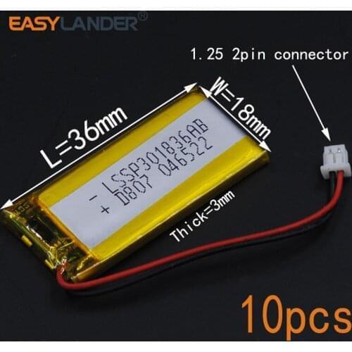 10pcs/Lot 3.7V 200mAh Rechargeable li Polymer Li-ion Battery For pen MP3/MP4/Game Playerbluetooth headset speaker toys 301836