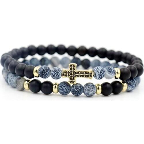 2pcs/set 6MM Natural Lava Stone Strand Bracelet Men Copper Micro CZ Cross Bracelets For Women Couples Lovers Lucky Jewelry Gift