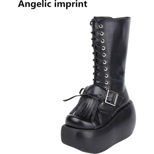 Angelic imprint mori girl Women punk motorcycle boots lady lolita Boots woman high trifle heel wedges pumps shoes 10cm fringe