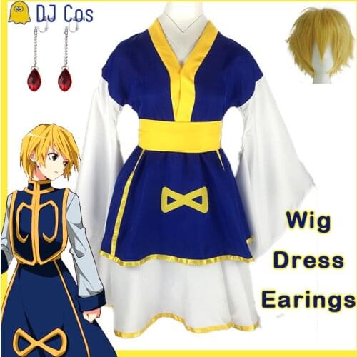 Anime Hunter x Hunter Kurapika Cosplay Dress Costume Wig Earrings Golden Lolita Kimono Girl Women Halloween Party Suit Uniform