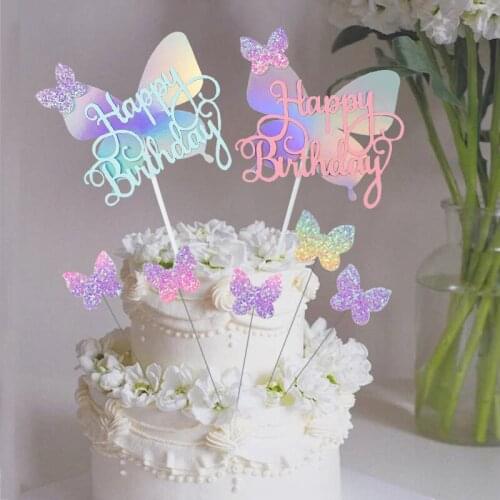 Glitter Gradient Color Butterfly Cake Topper Happy Birthday Cake Insert Card for Kids Birthday Party Cake Decoration Baby Shower