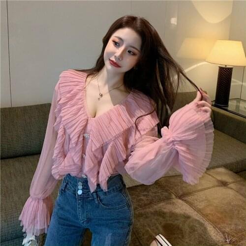 Korean Chic Gentle Slim Women V-Neck 2021 Pleated Shirts Ruffles Patchwork Fashion Flare Sleeves Blouses