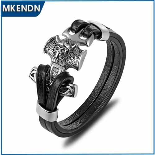 MKENDN Punk Men Jewelry Black Genuine Anchor Leather Bracelet Skull Stainless Steel Magnetic Clasp Fashion Bangles