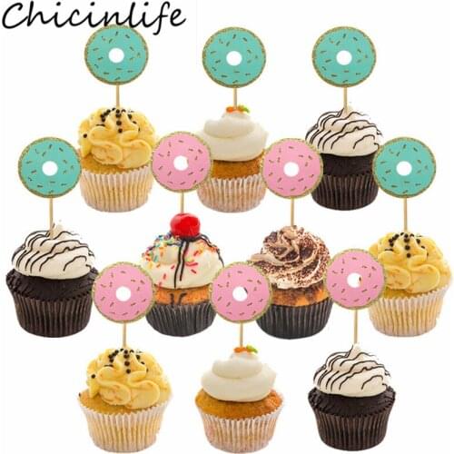 Chicinlife 10Pcs Donut Cupcake Toppers Kids Birthday Party Decoration Baby Shower Wedding Doughnut Theme Party Cake Supplies
