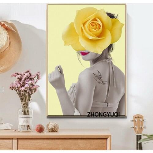 Nordic Yellow Flowersrose charming smile lips canvas painting poster girl Cuadros living room art picture on the wall
