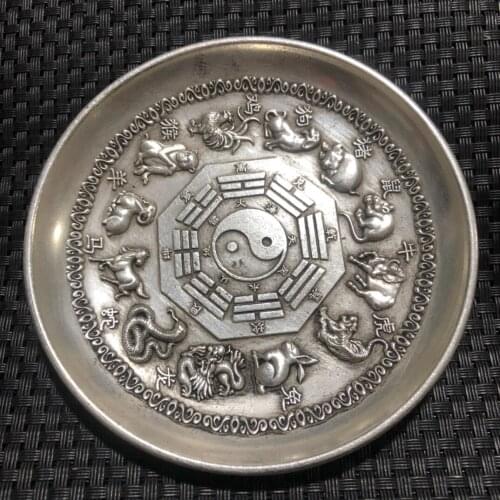 China Elaboration Old Tibet Silver Engrave Propitious "12 Zodiac " Dish Metal Crafts Home Decoration