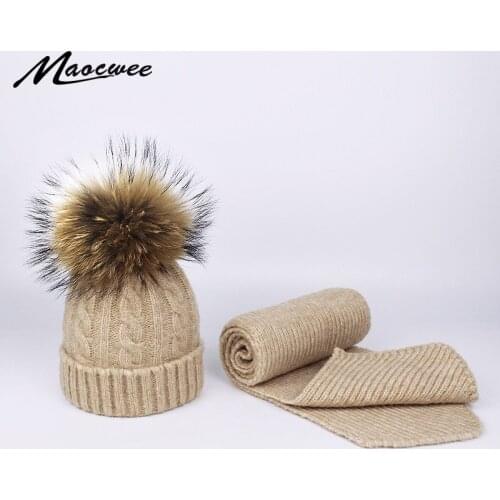 Children Knitted Wool Scarf and Hat Set Luxury Winter Warm Hats Scarves With Real Fur Pompom Beanie For Boys and Girls 0-5 years