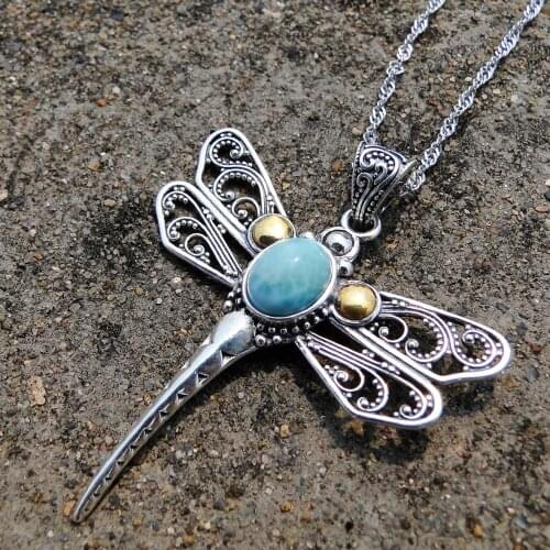 Antique Two Tone Plated S925 Sterling Silver Dragonfly Pendant Natural Larimar Women Man Pendant