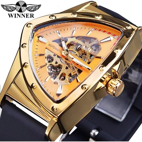 WINNER Gold Skeleton Mechanical Watch Transparent Men Automatic Wristwatch Silicone Strap Triangle Watches Relogio Masculino