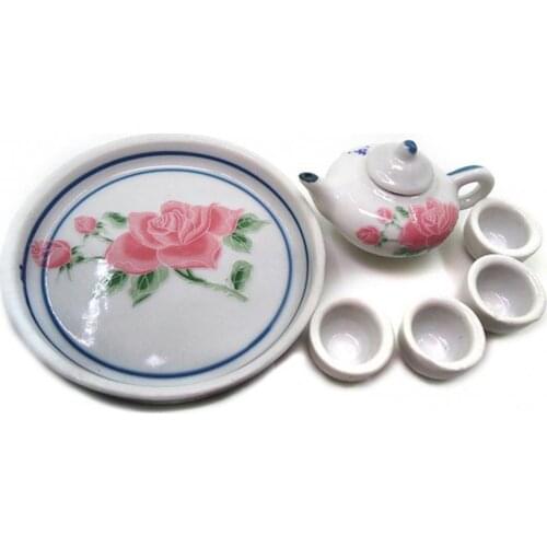 Flower Print Mini Ceramic Tea Set Tray Teacup for 1/6 Dollhouse Kids Toy Dollhouse Kitchen Accessories
