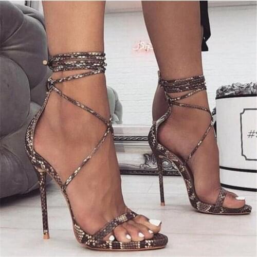 Fashion 2019 Summer Womens Sandals PU Lace-Up Thin High Heels Cover Heel Shallow Mature Serpentine Dance Solid 35-40