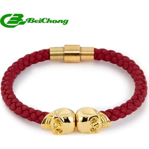 10pcs) Fashion 6mm width Army Green Nappa Leather Gold Stainless Steel Twin North Skull Bracelet Bangle for Gift Watch