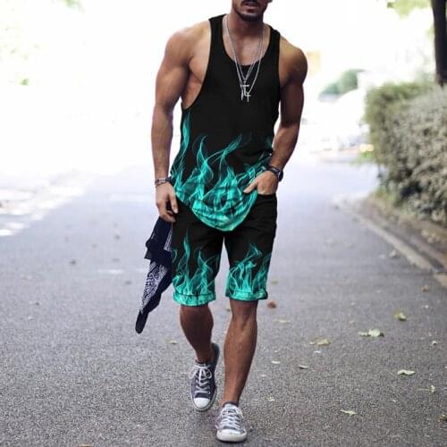 New 2021 Mens Leisure Sports 3D Digital Printing Color Flame Pattern Fitness Running Short Sleeve Vest Suit