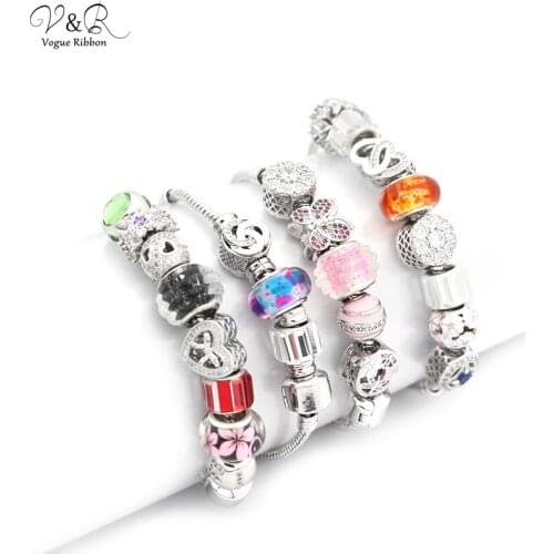 New Hot Rhodium Plated Bracelets With CZ Stone/ Acrylic/ Glass Bead Charm Bracelets For Women Alex And Ani Bracelets Christmas