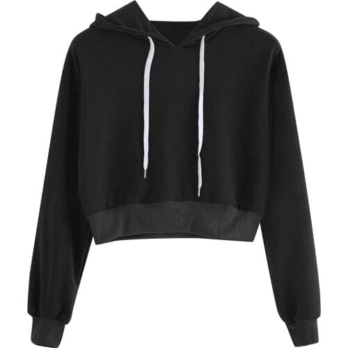 Autumn Hoodies Women Long Sleeve Drawstring Crop Sweatshirts Crop Top Hoodie Pullover Sweatshirt Black Top Blouse Ropa Mujer