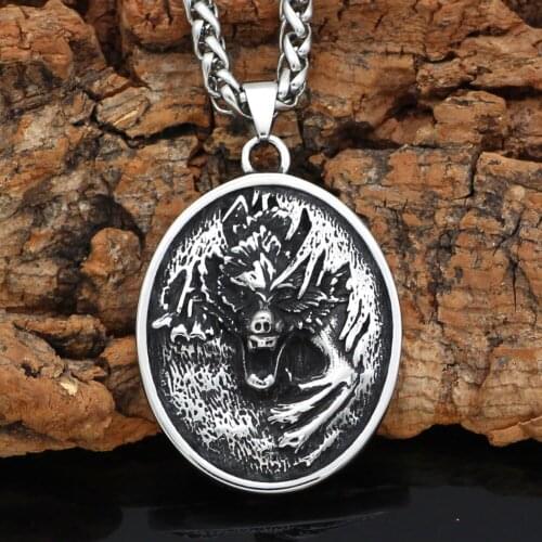 Noridc Viking Wolf Stainless Steel Necklace For Men With Valknut Gift Bag