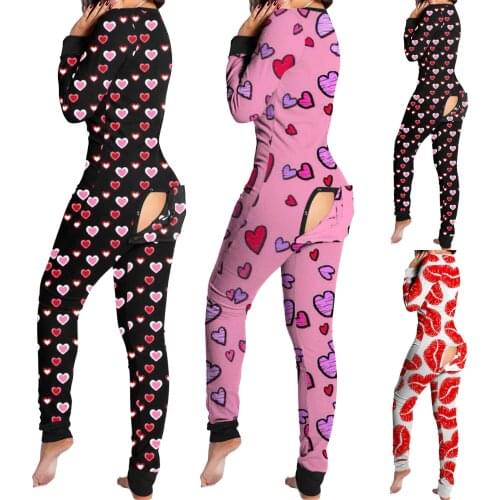Sexy Women Pijamas Print Long Sleeve Button-style Front Functional Butt Flap Adult Jumpsuit Bodysuit Playsuit Romper Onesies q5
