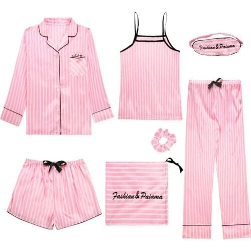 7Pcs Pajamas Set Women Casual Faux Silk Sleepwear Striped Cute Lingerie Pink New