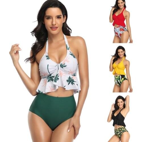 Beach Wear Swimsuit Swimwear Bandage Bikini Set Women Pleated Summer Swimwear Two Piece Swimsuits Bathing Suit Print Mid Waist