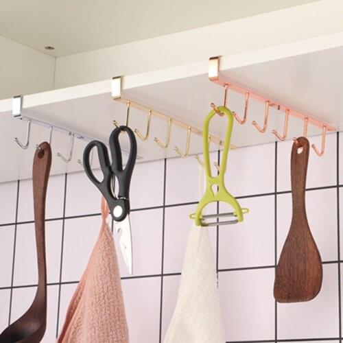 6 Hooks Cup Holder Hanging Bathroom Hanger Kitchen Organizer Cabinet Door Shelf Removed Storage Rack Home Decor