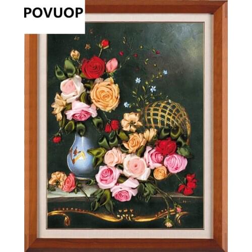 POVUOP Ribbon embroidery paintings 55X 45cm Beautiful bloom of happiness ribbon embroidery for The living room bedroom
