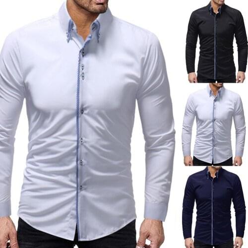 New Trendy Men Solid Color Long Sleeve Turn Down Collar Button Cotton Slim Business Shirt Christmas Gift For Male 2020