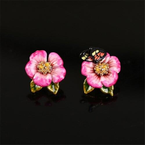 Female Tide Fashion Sweet Oriental Rose Earrings Enamel Glaze Pink Flower Butterfly Asymmetric Silver Needle Stud Earrings Gift