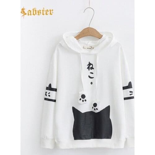 2018 Japanese Style Cute Animal Print Sleeve Hoodie Women Sweatshirt Black White Long Sleeve Pullovers Casual Sweatshirt XZ450