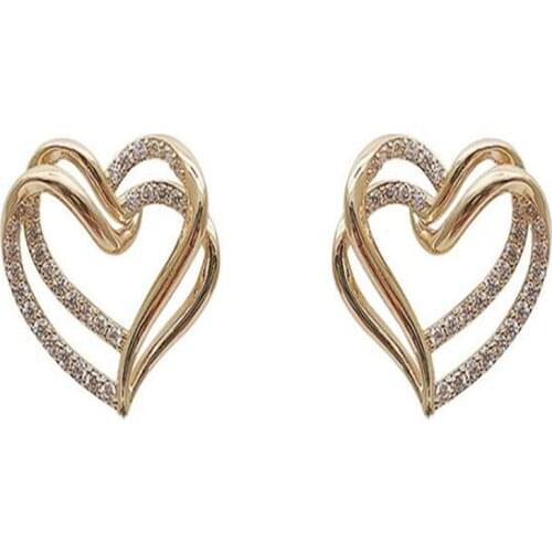 Korean Style Fashion Double Crystal Heart Earrings for Women Simple Temperament Womens Wedding Stud Earrings Gold Jewelry Gift