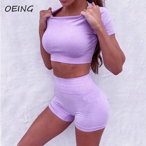 Workout Clothes for Women Yoga 2 Piece Sets Short Sleeve Crop Tops and Shorts Legging Set