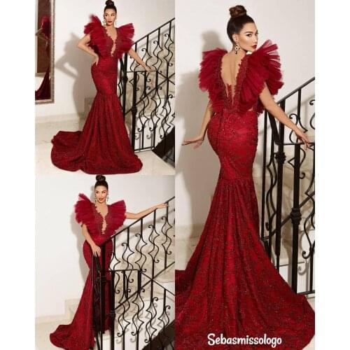 2021 Arabic Burgundy Mermaid Prom Dresses Luxury Beading Sequined Lace Appliqued Ruffles Women Plus Size Formal Evening Gowns