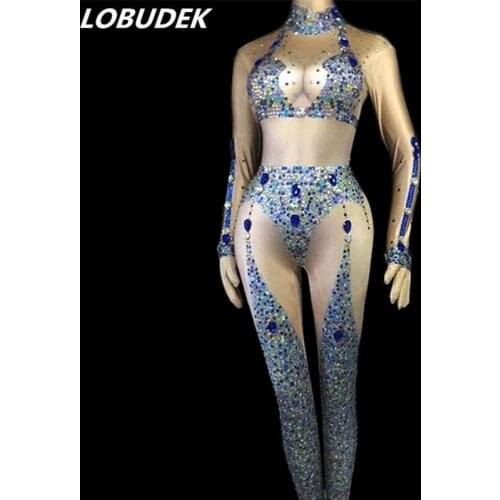 Shining Colorful Rhinestones Jumpsuit Sexy Stretch Skinny Legging Rompers Nightclub Clothing Bar Women DJ Party Host DS Costume