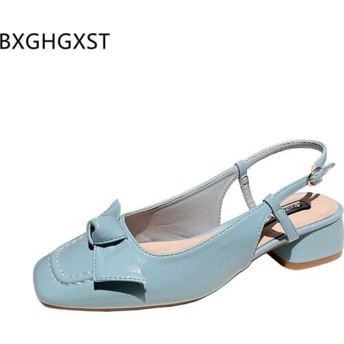 Women Sandals Summer 2021 Leather Sandals Women Butterfly-knot Low Heels Sandals Woman Square Toe Heels Block Heels Zapatillas