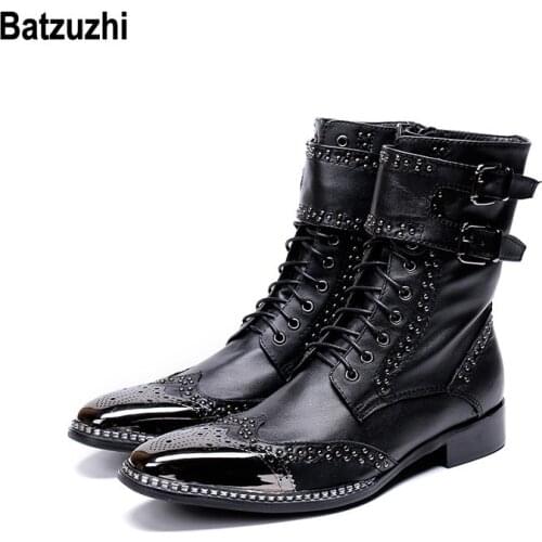 Batzuzhi Brand New Men Shoes Pointed Metal Tip Knight Boot Men zapatos de hombre Black Genuine Leather Combat Boots for Men Bota