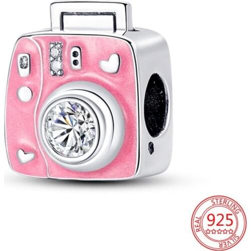 New 925 Sterling Silver Fine Pink Camera Charm Beads Fit Original Pandora Bracelet Pendant Necklace Women DIY Fashion Jewelry