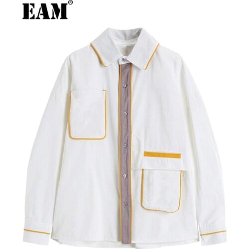 [EAM] Women White Contrast Color Big Size Blouse New Lapel Long Sleeve Loose Shirt Fashion Tide Spring Autumn 2021 1DD5055
