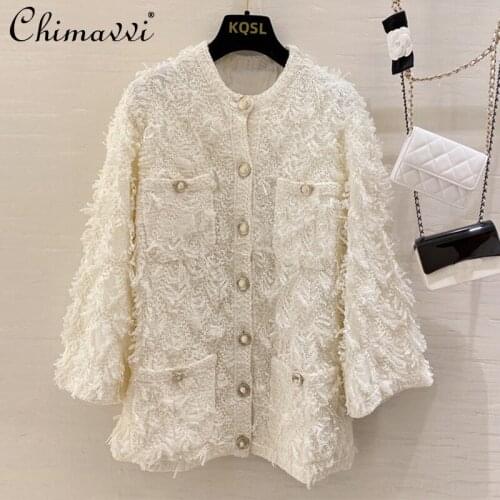 Retro Crocheted Hollow Tassel Mid-Length Knitted Cardigan 2021 Spring/Autumn New Loose Long Sleeve White Coat Fashion Simple Top