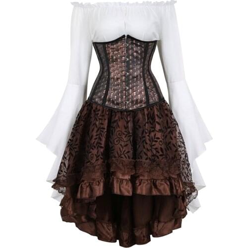 Steampunk Corset Underbust Dress Bustier Top Skirt 3-piece Irregular Costume Pirate Corsets Burlesque Vintage Plus Size Brown