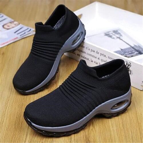 Women Platform Sneakers Spring Summer Breathable Ladies Wedges Casual Trainers Femme Height Increasing Lazy Shoes Black White 43