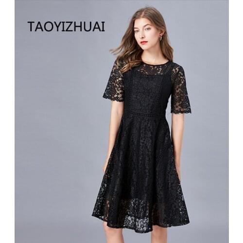Brand French small black dress large size small fragrance palace A-line hollow lace dress summer new