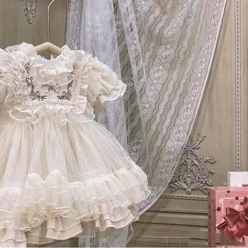 2PCS Summer Lolita Vintage Lace Princess Spanish Puff Shortsleeve Ball Gown Mesh Dress For Baby Girls Birthday Party Easter Gift