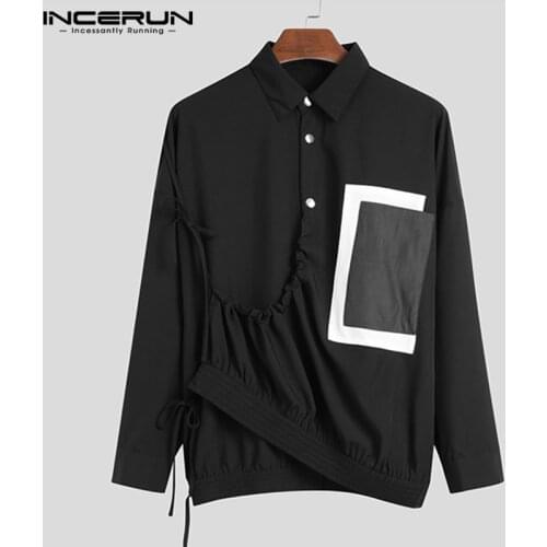 Patchwork Men Shirt Personality Lace Up Streetwear Korean Fashion Long Sleeve Tops Blouse Lapel Casual Camisas S -5XL INCERUN